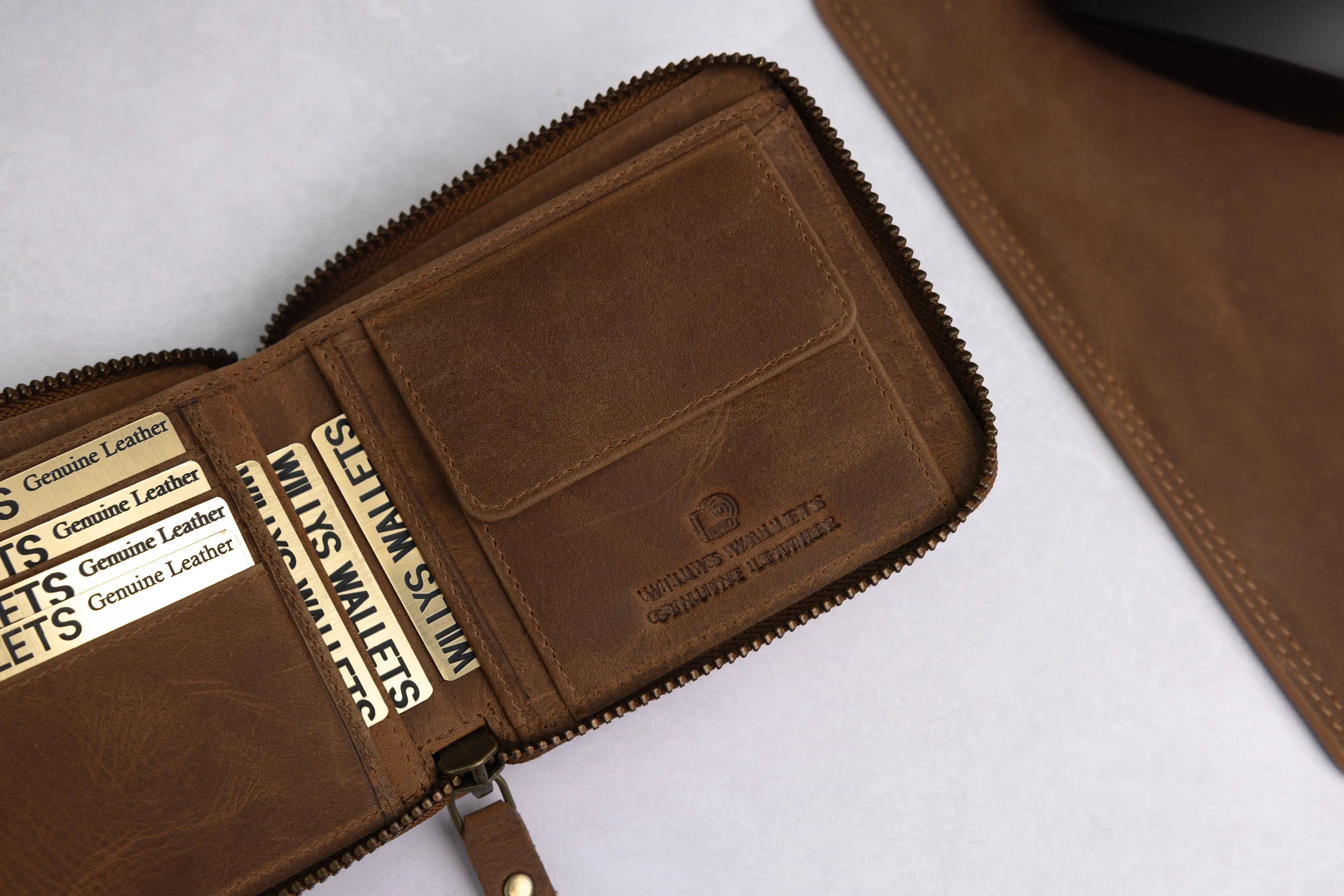 Personalised Rustic Brown Leather Wallet – Bifold Zip-Around RFID Wallet