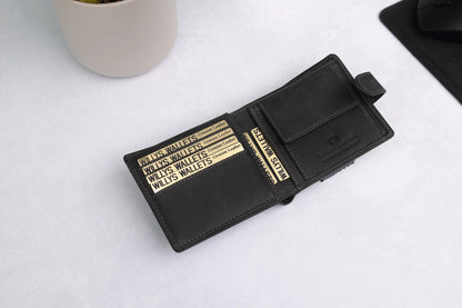 Personalised Black Hunter Leather Wallet – Bifold with Coin Pocket & RFID Protection