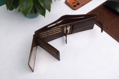 Personalised High-Capacity Brown Hunter Leather Wallet – Bifold RFID Wallet for Men