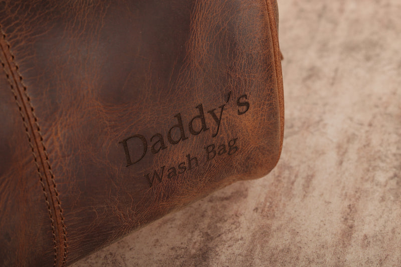 Personalised Engraved Brown Leather Wash Bag