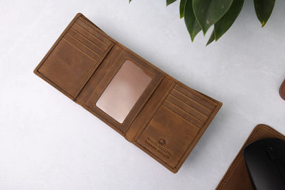 Personalised Rustic Brown Leather Wallet – Trifold RFID Wallet for Men