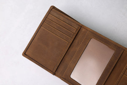 Personalised Rustic Brown Leather Wallet – Trifold RFID Wallet for Men