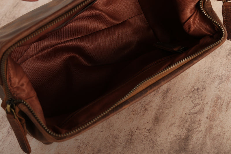 Personalised Engraved Brown Leather Wash Bag