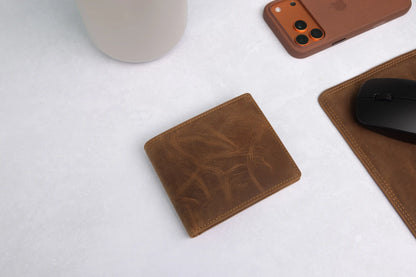 Personalised Rustic Brown Leather Wallet – Bifold with Zip Coin Pocket & RFID Protection