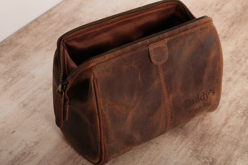 Personalised Engraved Brown Leather Wash Bag