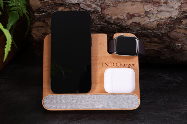 Personalised Engraved 4 in 1 Wooden Fast Wireless Charging Station, 15W Charger Pad