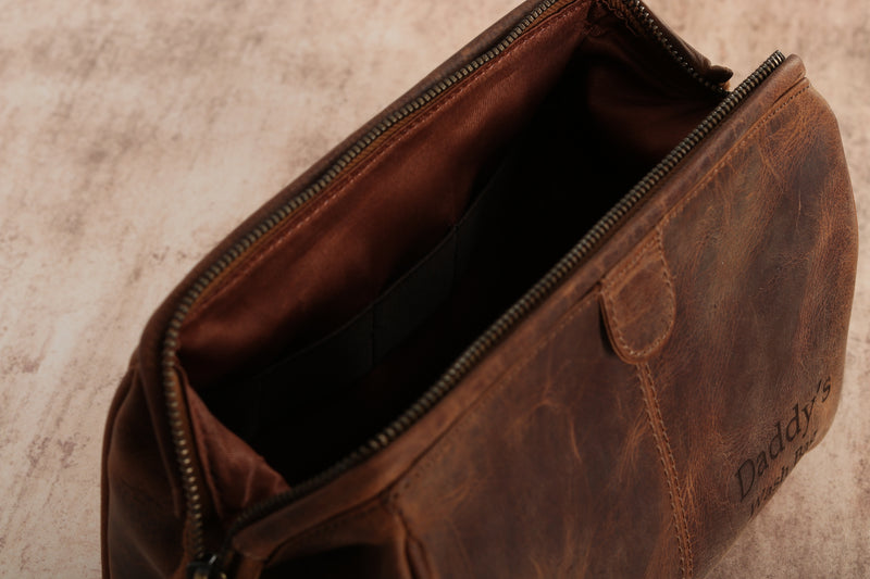 Personalised Engraved Brown Leather Wash Bag