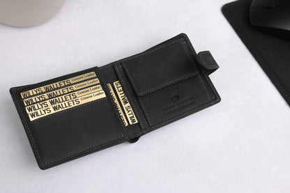 Personalised Black Hunter Leather Wallet – Bifold with Coin Pocket & RFID Protection
