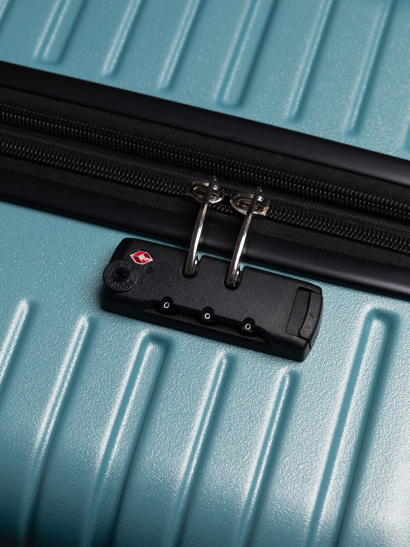 “Close-up of TSA lock on BEOW 3 piece luggage set for secure international travel”