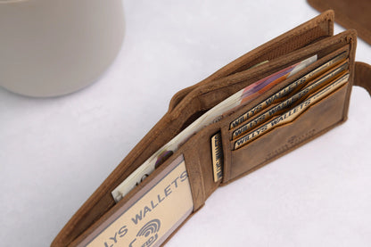 Personalised Rustic Brown Leather Wallet – Bifold with Zip Coin Pocket & RFID Protection
