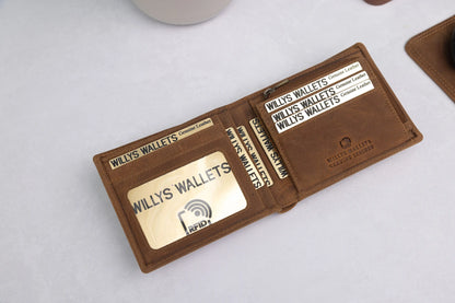 Personalised Rustic Brown Leather Wallet – Bifold with Zip Coin Pocket & RFID Protection