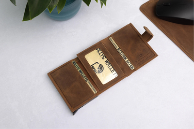 Personalised 6-Card Cognac Pop-Up Wallet – RFID Secure, Compact & Stylish