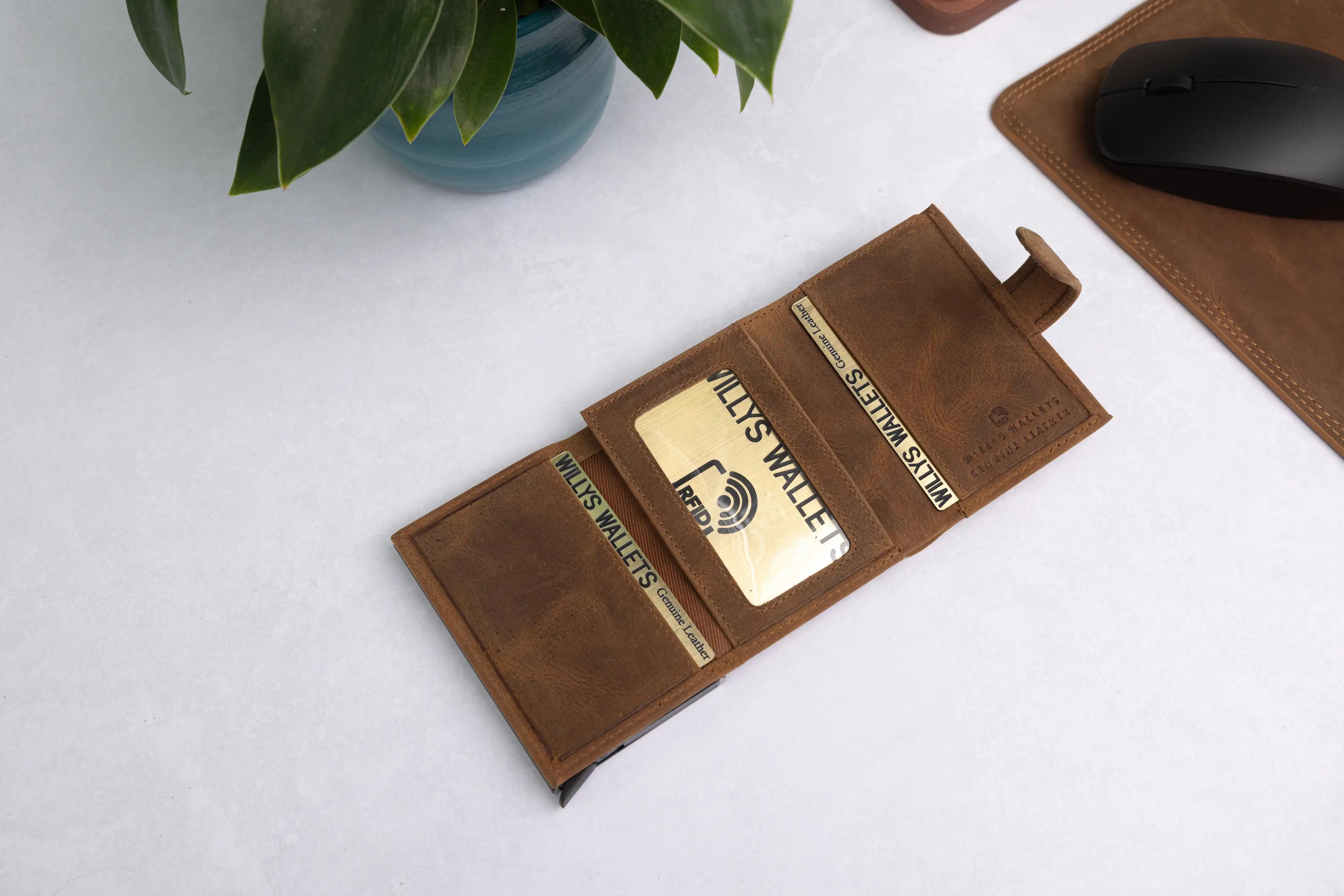 Personalised 6-Card Cognac Pop-Up Wallet – RFID Secure, Compact & Stylish