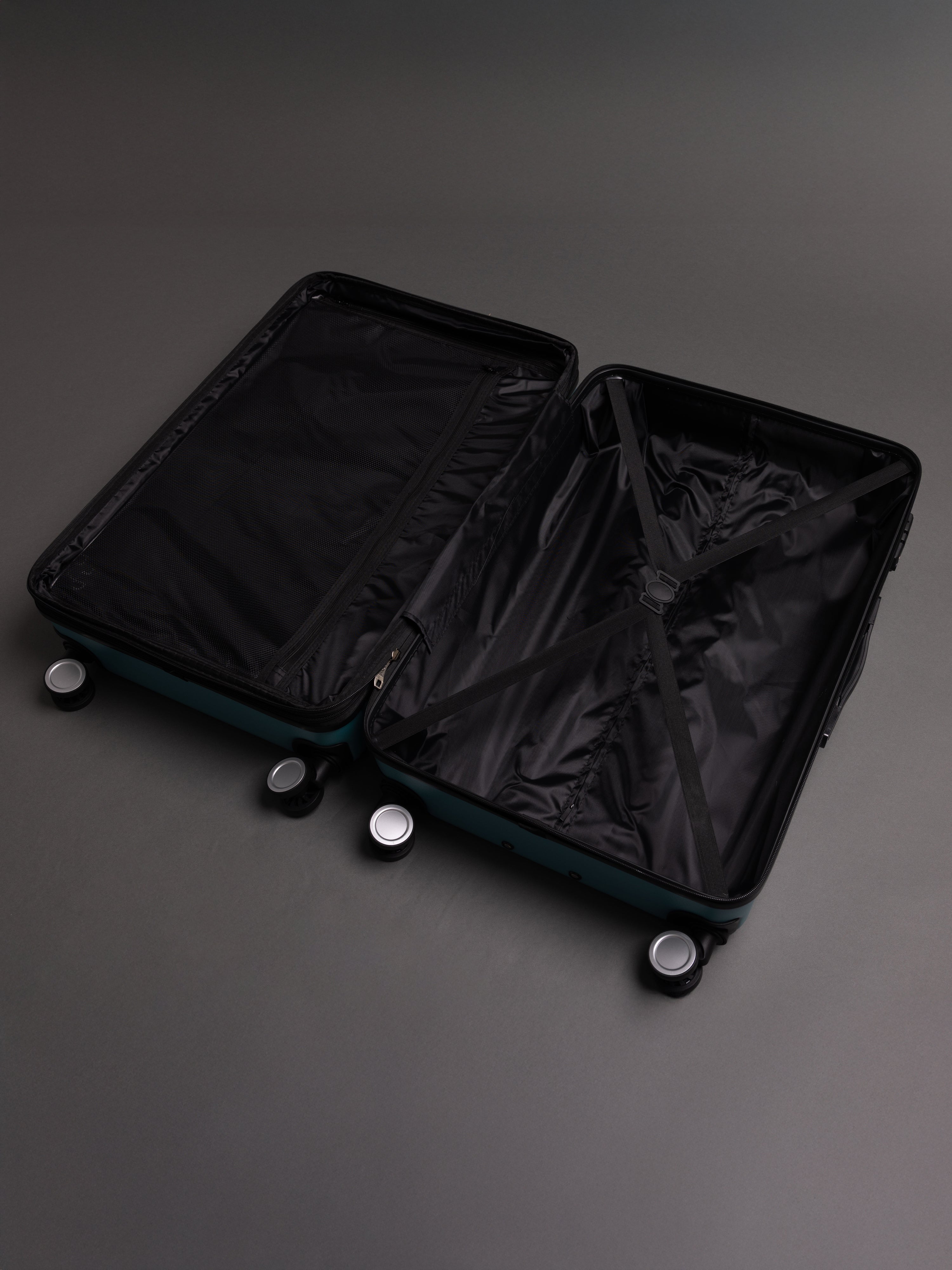 “Interior view of BEOW expandable suitcase with spacious compartments and elastic straps”