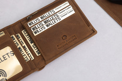 Personalised Rustic Brown Leather Wallet – Bifold with Zip Coin Pocket & RFID Protection