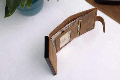 Personalised 6-Card Cognac Pop-Up Wallet – RFID Secure, Compact & Stylish