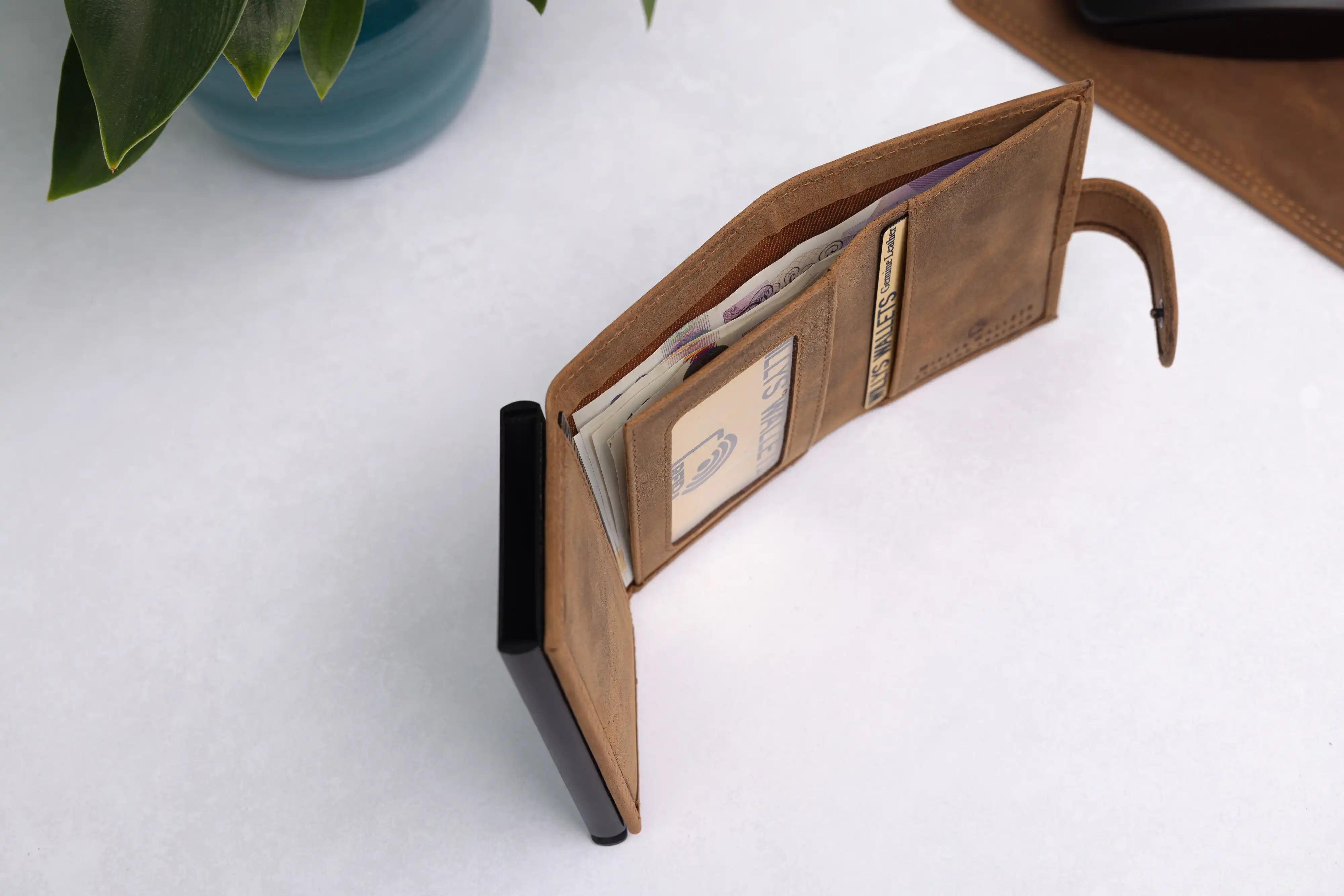 Personalised 6-Card Cognac Pop-Up Wallet – RFID Secure, Compact & Stylish