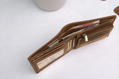 Personalised Rustic Brown Leather Wallet – Bifold with Zip Coin Pocket & RFID Protection