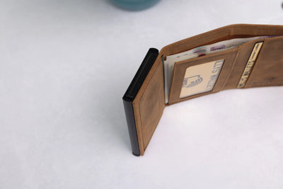 Personalised 6-Card Cognac Pop-Up Wallet – RFID Secure, Compact & Stylish