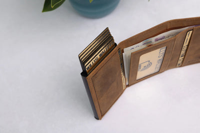 Personalised 6-Card Cognac Pop-Up Wallet – RFID Secure, Compact & Stylish