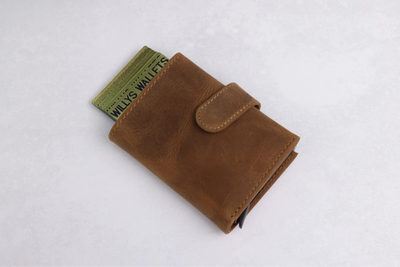 Personalised 6-Card Cognac Pop-Up Wallet – RFID Secure, Compact & Stylish