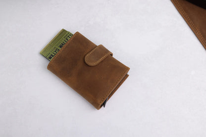 Personalised 6-Card Cognac Pop-Up Wallet – RFID Secure, Compact & Stylish