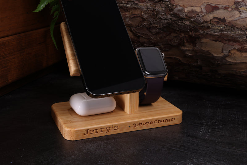 Personalised Engraved 3 in 1 Wooden Fast Wireless Charging Station, 15W Charger Pad