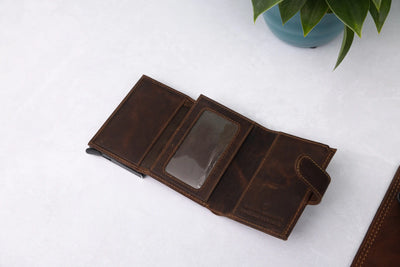 Personalised 6-Card Brown Pop-Up Wallet – RFID Secure, Compact & Stylish