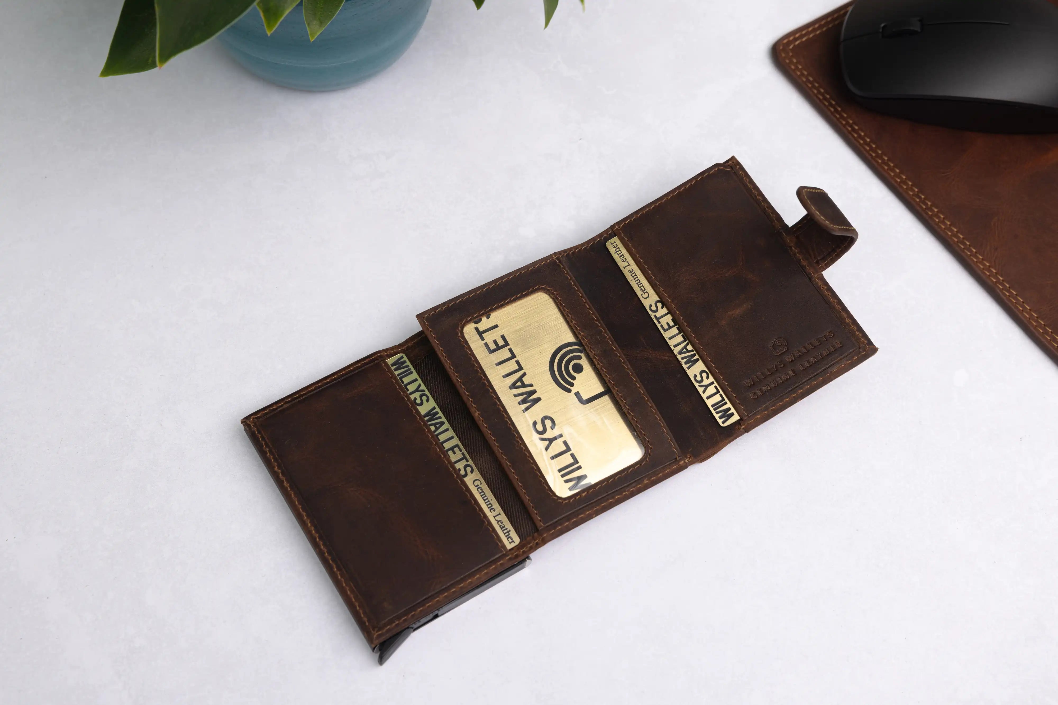 Personalised 6-Card Brown Pop-Up Wallet – RFID Secure, Compact & Stylish