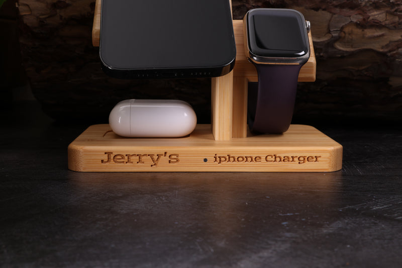 Personalised Engraved 3 in 1 Wooden Fast Wireless Charging Station, 15W Charger Pad