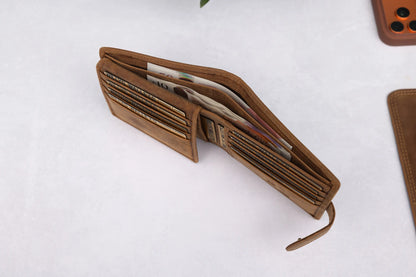 Personalised Rustic Brown Leather Wallet – Bifold with Card Holder Slots & RFID Protection