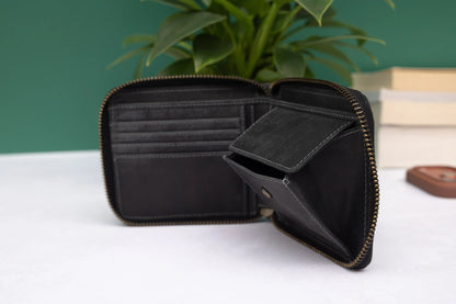 Personalised Black Hunter Leather Wallet – Bifold Zip-Around RFID Wallet