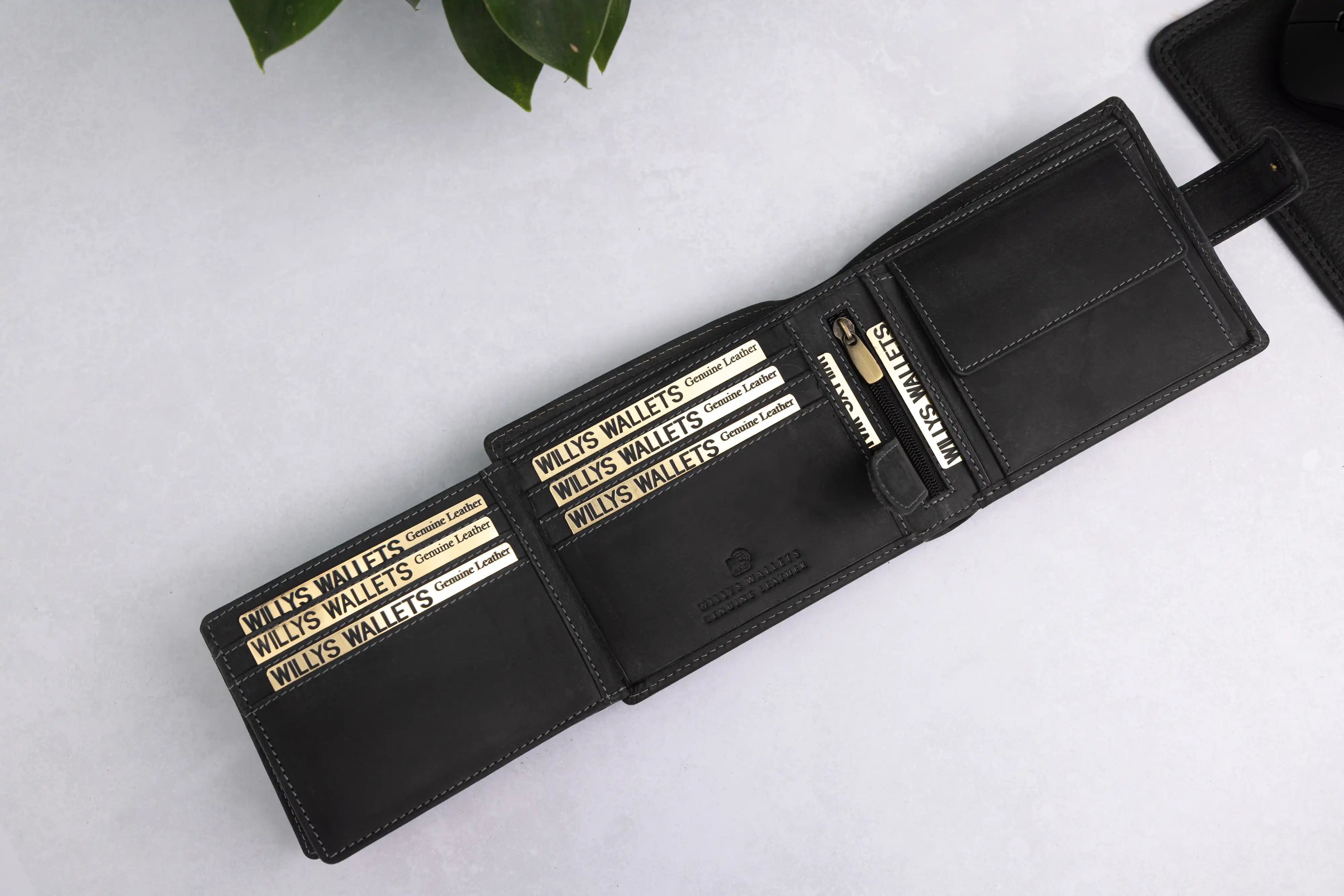 Personalised High-Capacity Black Hunter Leather Wallet – Bifold RFID Wallet for Men