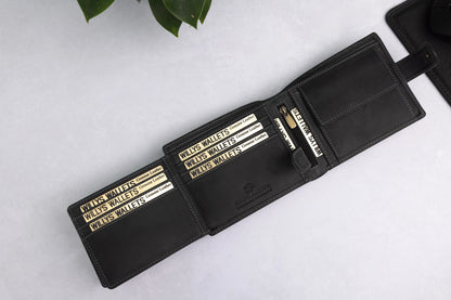 Personalised High-Capacity Black Hunter Leather Wallet – Bifold RFID Wallet for Men