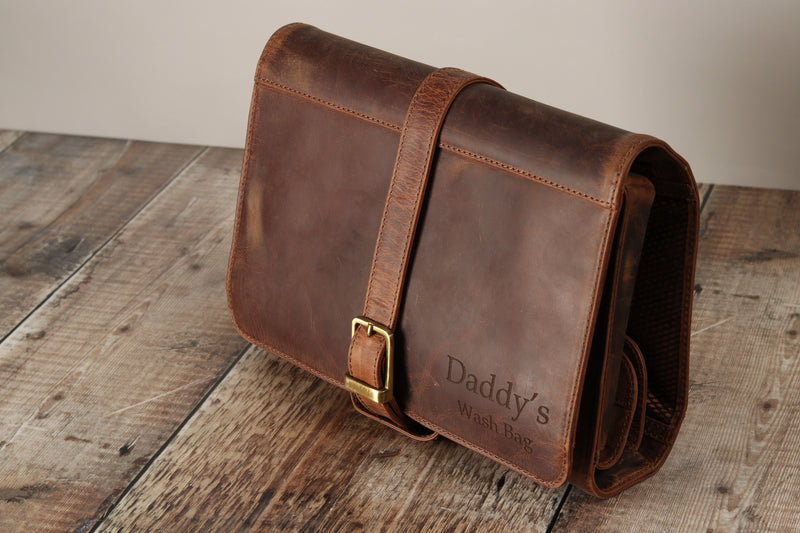 Personalised Engraved Brown Leather Hanging Wash Bag