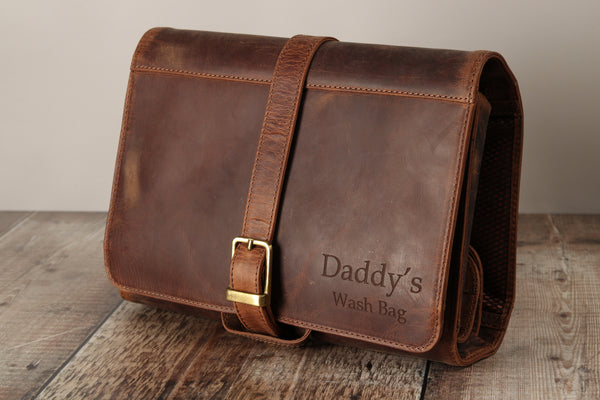 Personalised Engraved Brown Leather Hanging Wash Bag