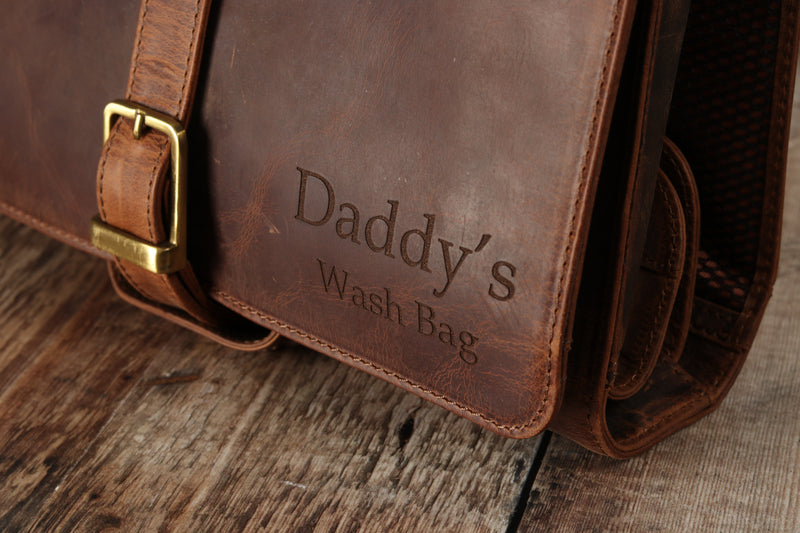 Personalised Engraved Brown Leather Hanging Wash Bag