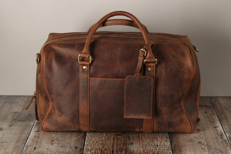 Personalised Engraved Brown Leather Travel Bag