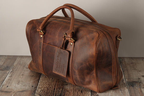 Personalised Engraved Brown Leather Travel Bag