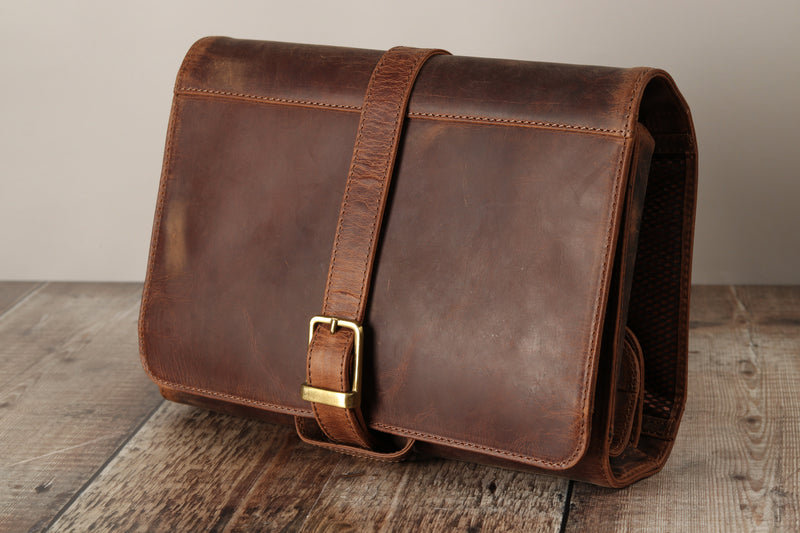 Personalised Engraved Brown Leather Hanging Wash Bag