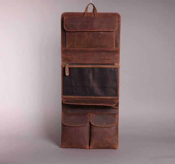 Personalised Engraved Brown Leather Hanging Wash Bag
