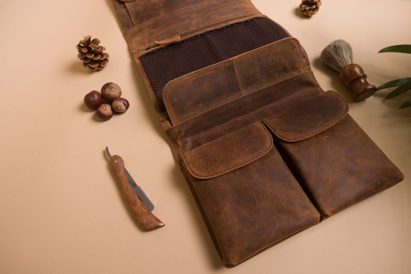 Personalised Engraved Brown Leather Hanging Wash Bag