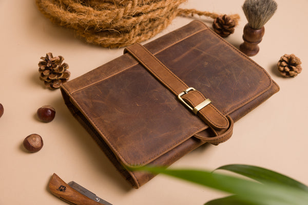 Personalised Engraved Brown Leather Hanging Wash Bag
