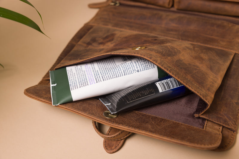 Personalised Engraved Brown Leather Hanging Wash Bag