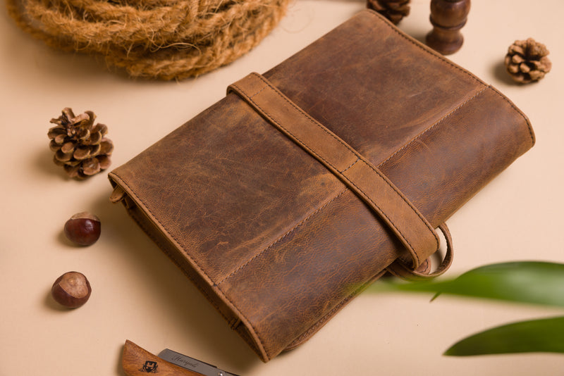Personalised Engraved Brown Leather Hanging Wash Bag
