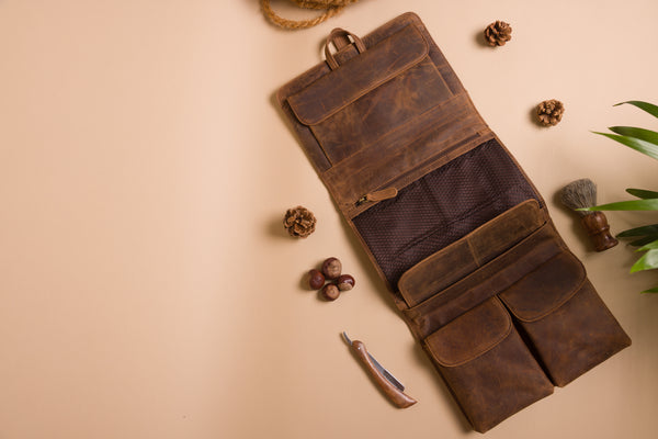 Personalised Engraved Brown Leather Hanging Wash Bag