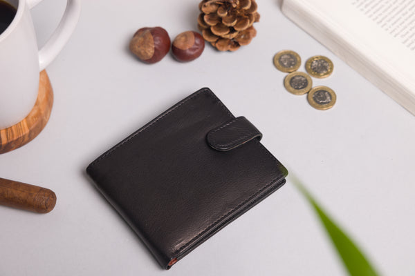 Personalised Engraved Black & Brown Bifold Leather Wallet