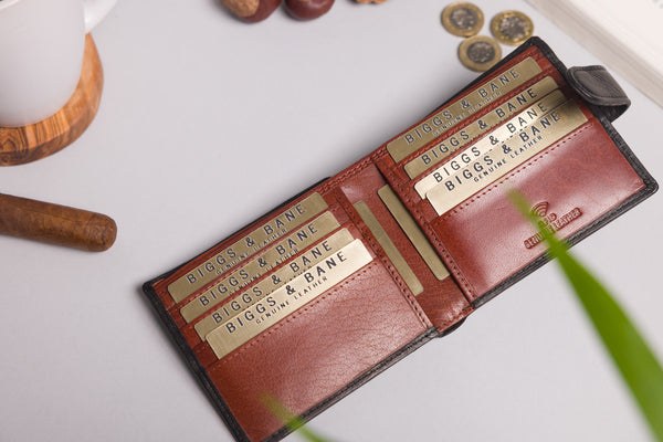 Personalised Engraved Black & Brown Bifold Leather Wallet