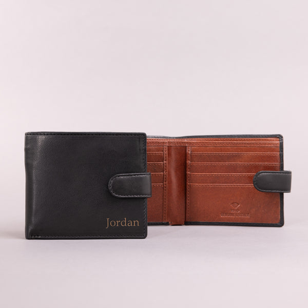Personalised Engraved Black & Brown Bifold Leather Wallet