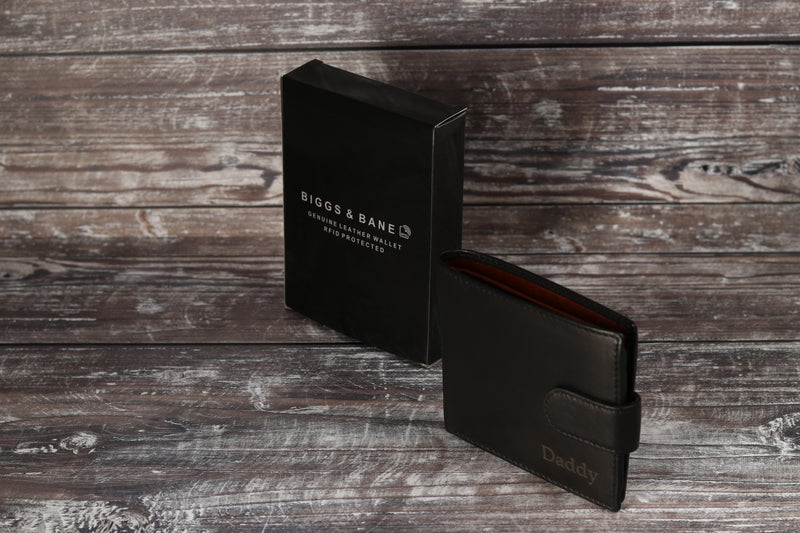 Personalised Engraved Black & Brown Bifold Leather Wallet With Coin Pocket